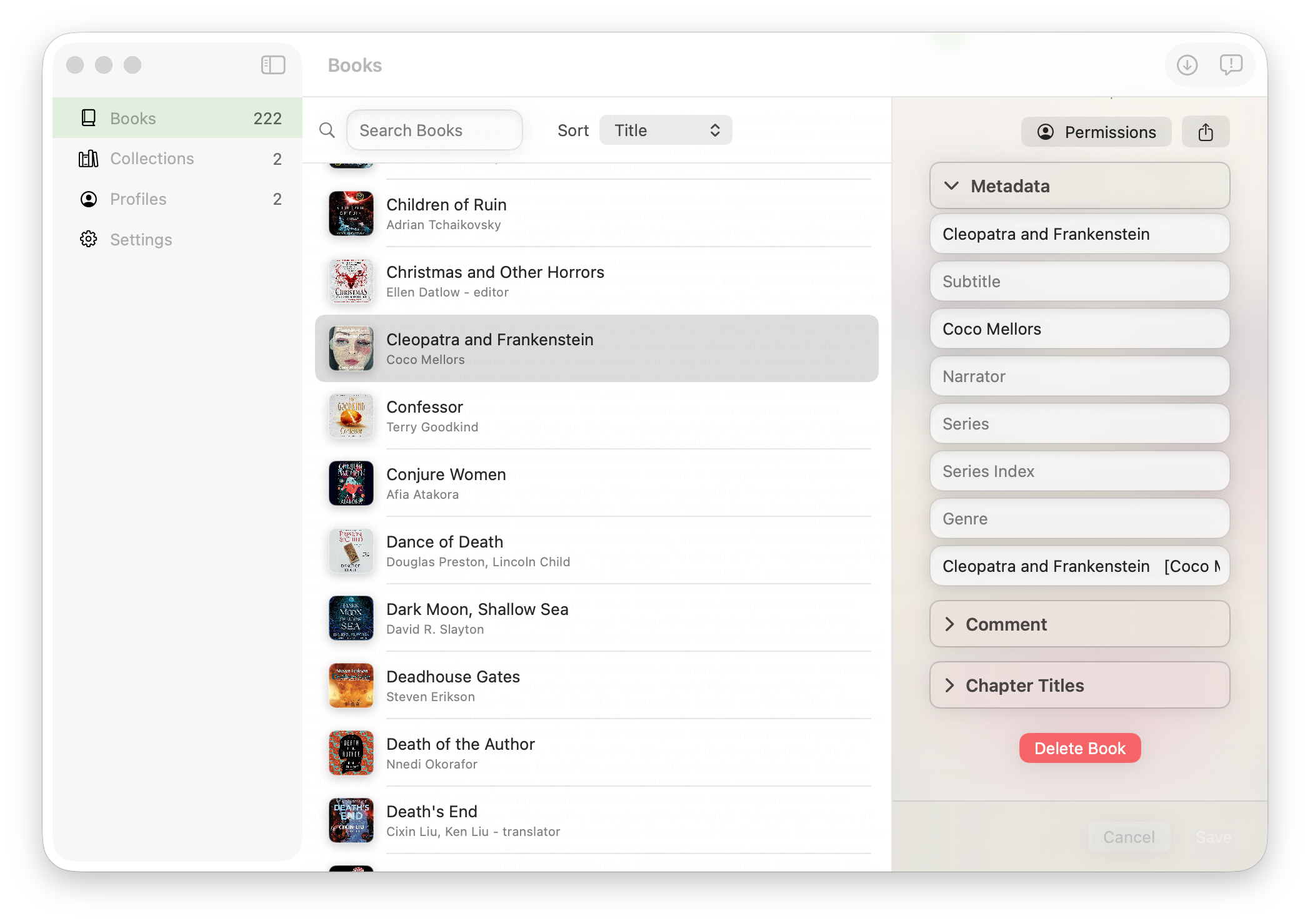 Book detail editor with metadata fields